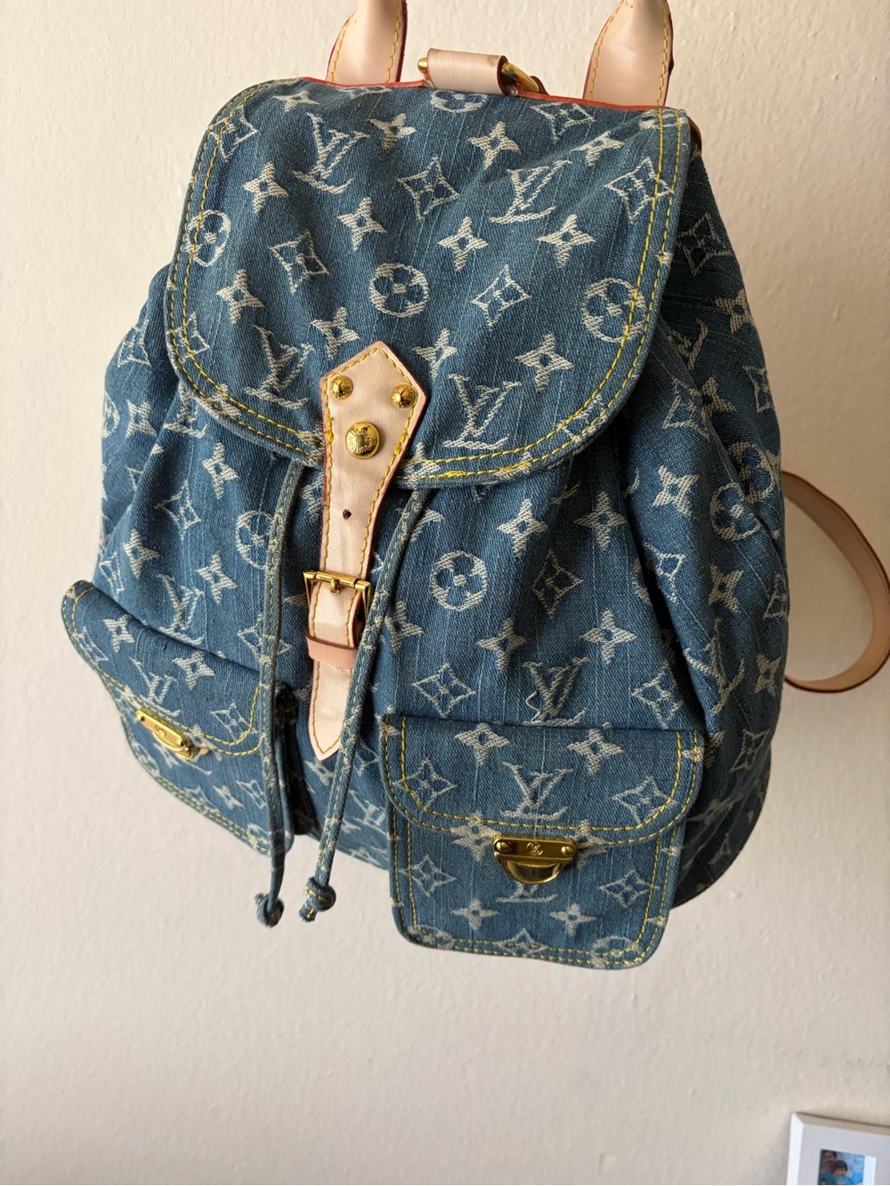Stylish Fashion Denim Backpack with Tan Leather Trim - Picture 3 of 14